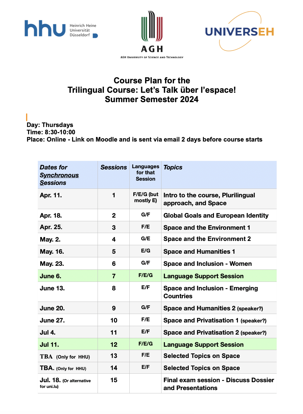 Plan for the Trilingual course