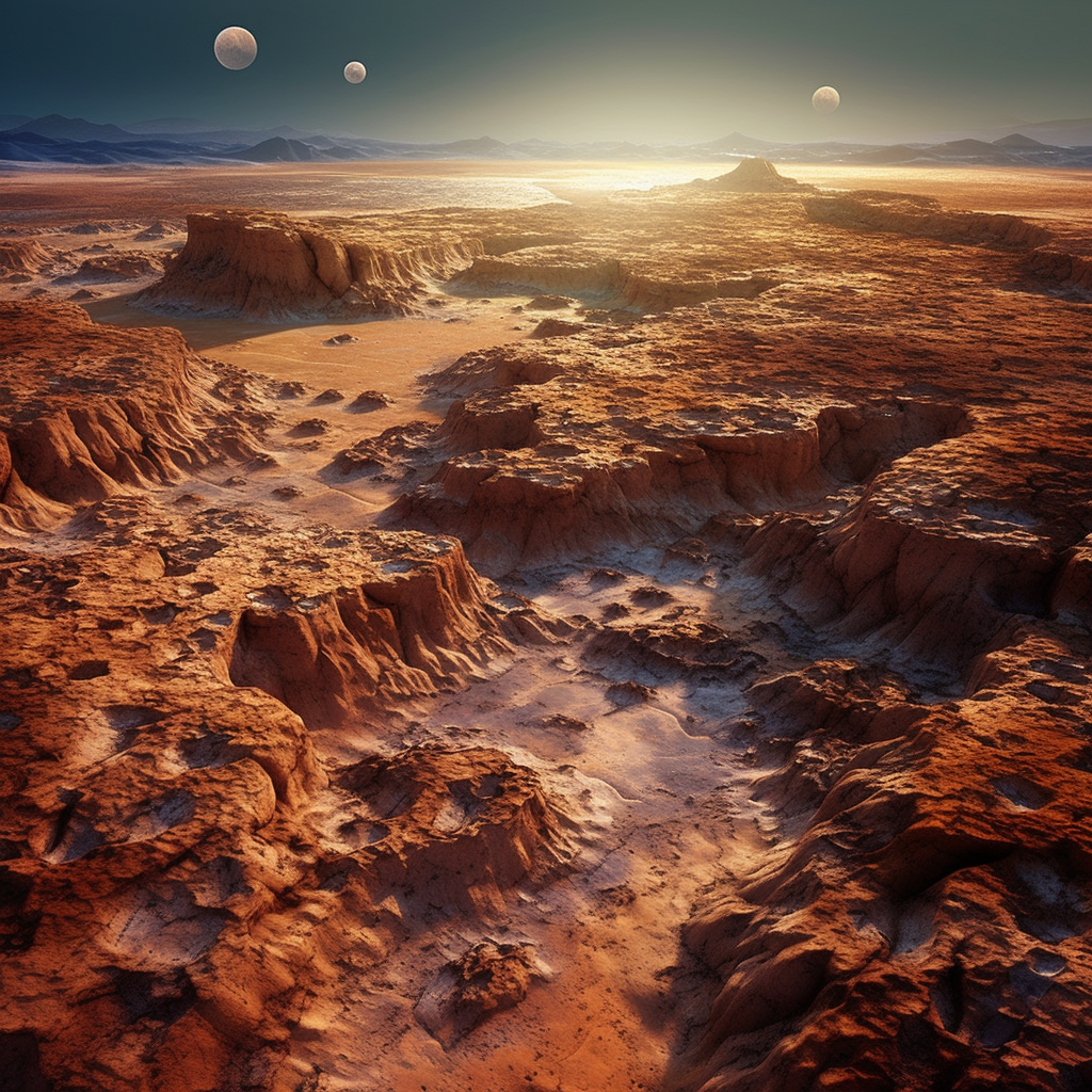 Source: Midjourney (2023, May 25). AI illustration of a planets surface. Midjourney. midjourney