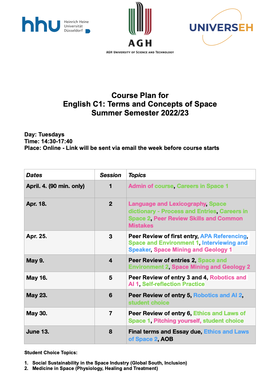 Course plan with dates and topics